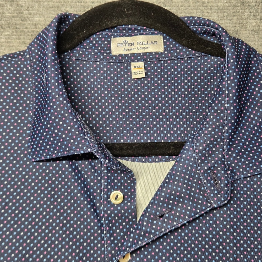 Peter Millar Summer Comfort Polo Shirt Mens XXL Navy Pink Blue Polka Dot Golf - Picture 4 of 11